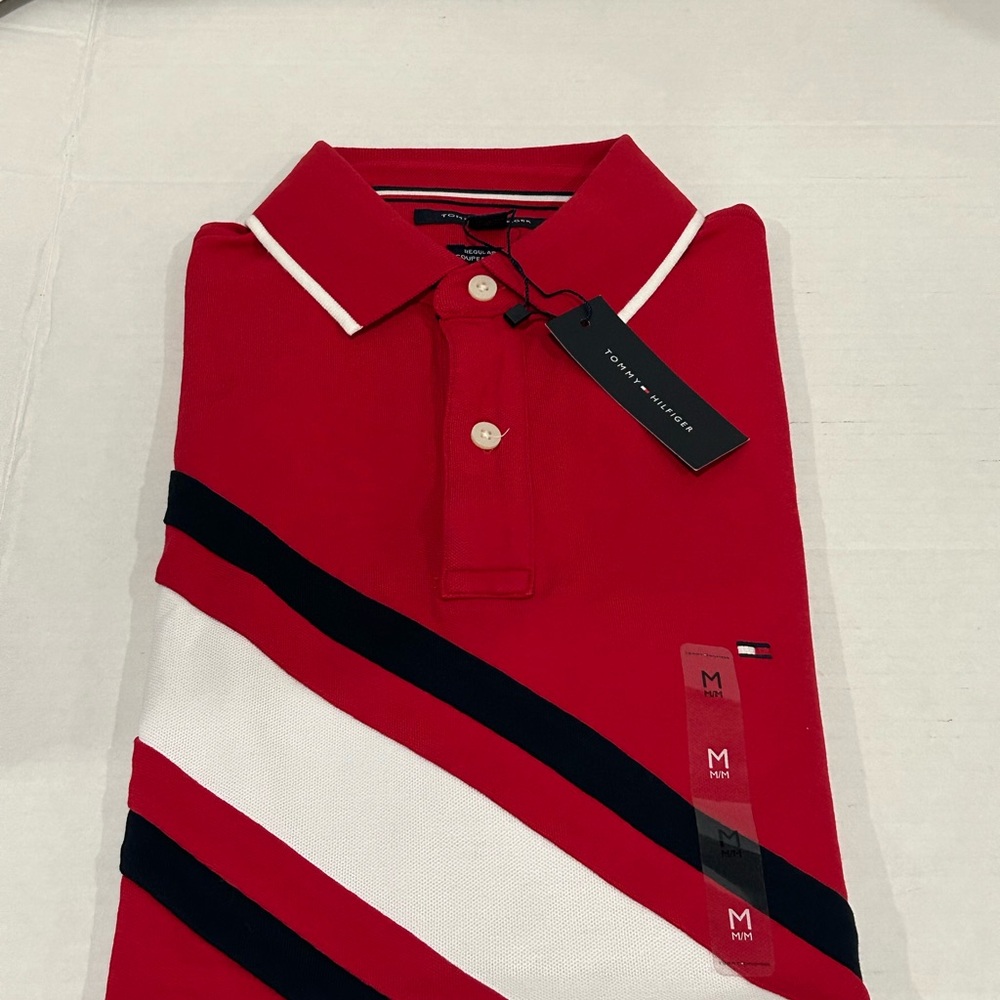 Tommy Hilfiger Red and White Polo Shirt Sporty Design